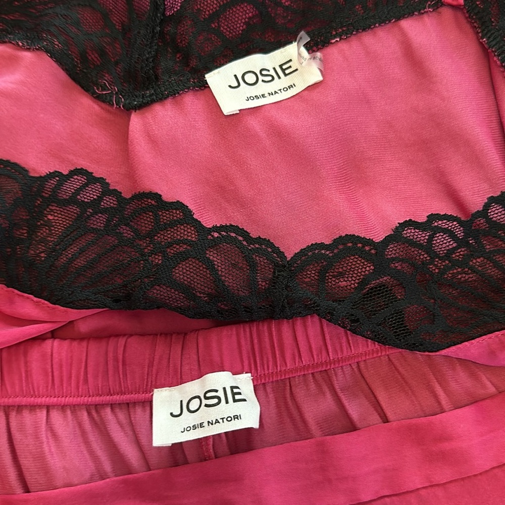 Josie NATORI 2-piece cami shorts hot pink & black lace L polyester pajamas - Picture 10 of 13